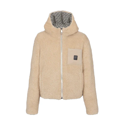 BALMAIN Brown Reversible Fleece Jacket with Letter Print Design. BH1TH680-XG23-0AI