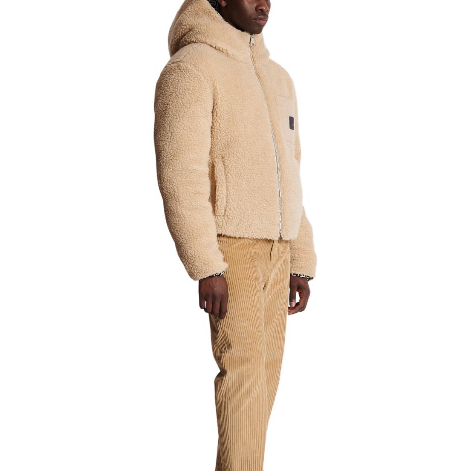 Shop 巴尔曼棕色双面羊羔绒外套字母印花设计. BH1TH680-XG23-0AI