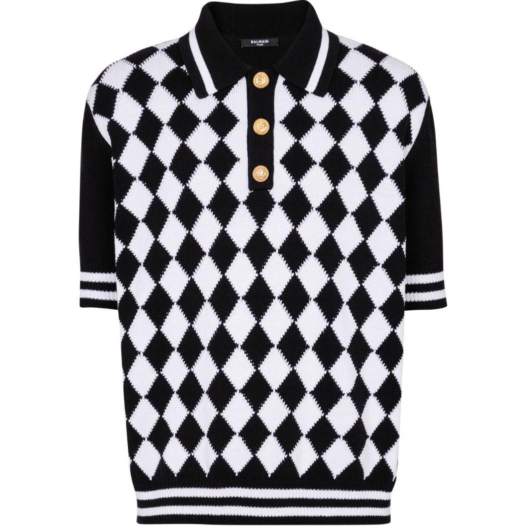 BALMAIN  Checkered Knit Button Short Sleeve Polo Shirt Black DH1GB045-KG87-EAB