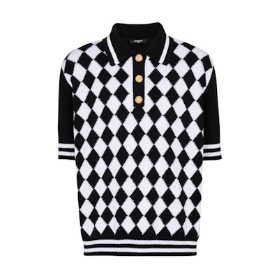 BALMAIN Checkered Knit Button Short Sleeve Polo Shirt Black DH1GB045-KG87-EAB