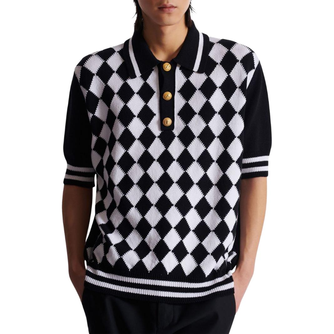 Shop BALMAIN  Checkered Knit Button Short Sleeve Polo Shirt Black DH1GB045-KG87-EAB