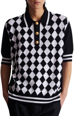 BALMAIN Checkered Knit Button Short Sleeve Polo Shirt Black DH1GB045-KG87-EAB Shop BALMAIN Checkered Knit Button Short Sleeve Polo Shirt Black DH1GB045-KG87-EAB