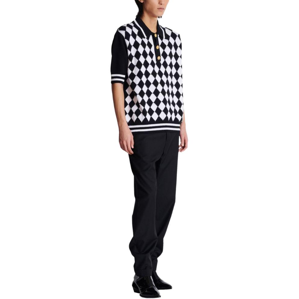 Purchase BALMAIN  Checkered Knit Button Short Sleeve Polo Shirt Black DH1GB045-KG87-EAB