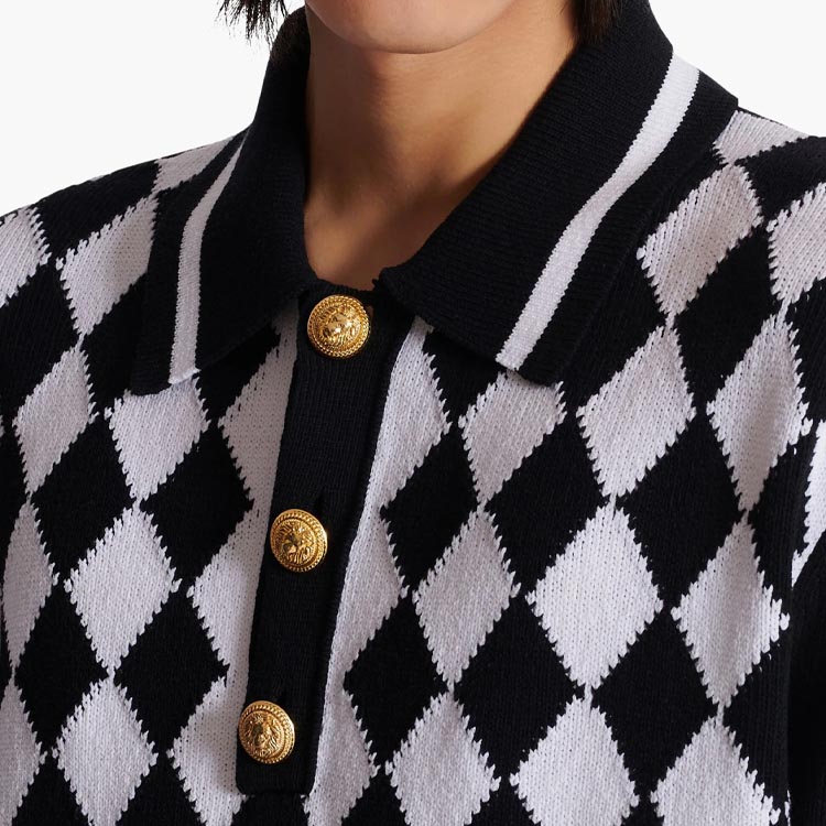 Sizing BALMAIN  Checkered Knit Button Short Sleeve Polo Shirt Black DH1GB045-KG87-EAB