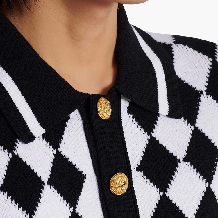 Cheap BALMAIN  Checkered Knit Button Short Sleeve Polo Shirt Black DH1GB045-KG87-EAB