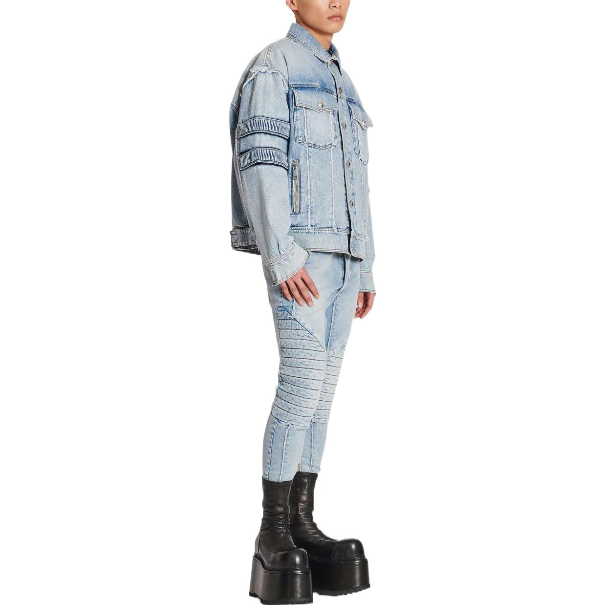 Lookbook 발망 FW22 리브드 패치워크 데님 자켓 블루 YH0TC149DC57-6FC