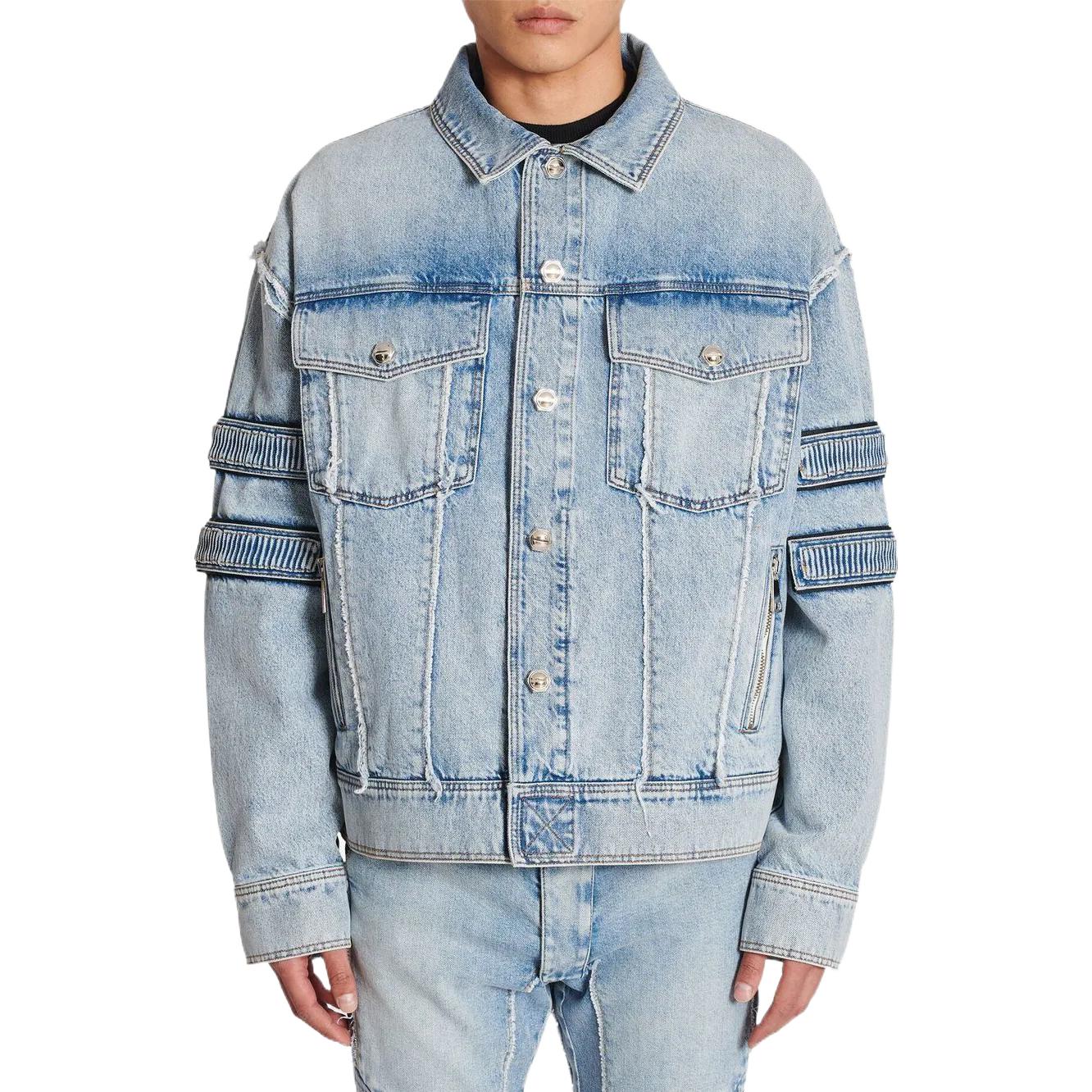 Shop 발망 FW22 리브드 패치워크 데님 자켓 블루 YH0TC149DC57-6FC