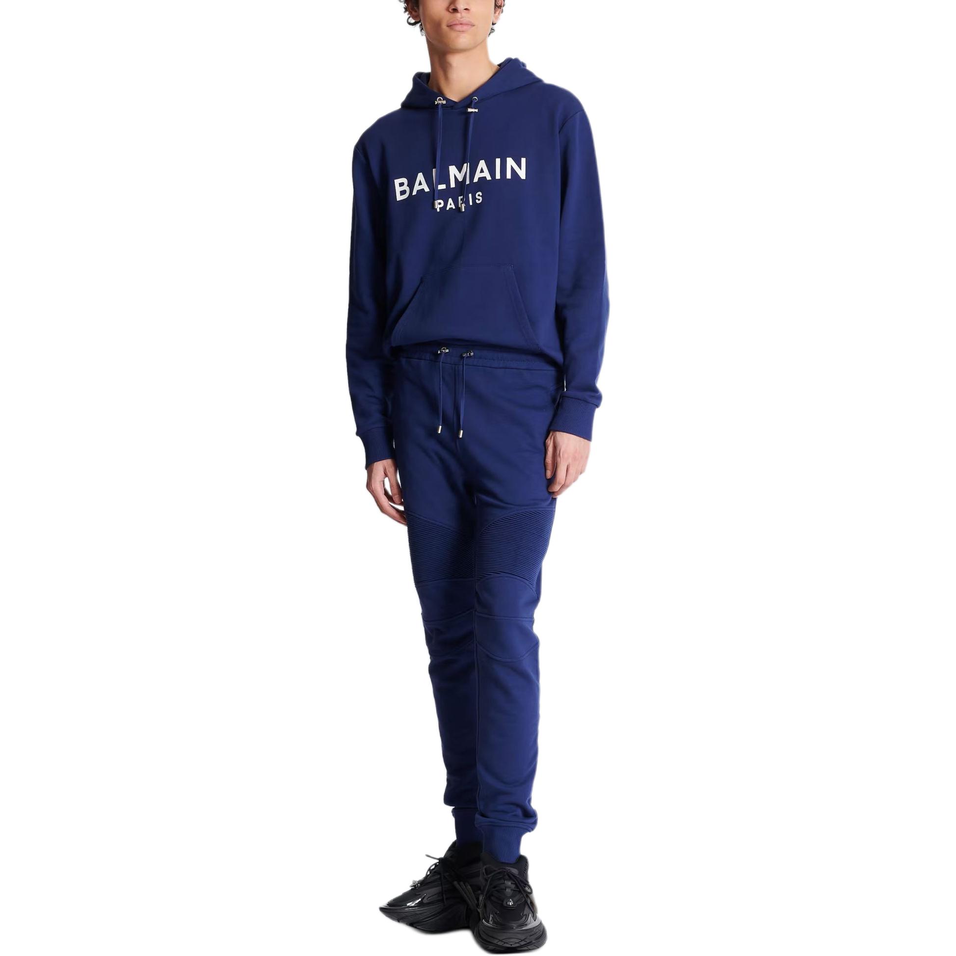 Shop BALMAIN 深藍色彈性腰運動針織長褲 BH1OB000-BB66-SJW