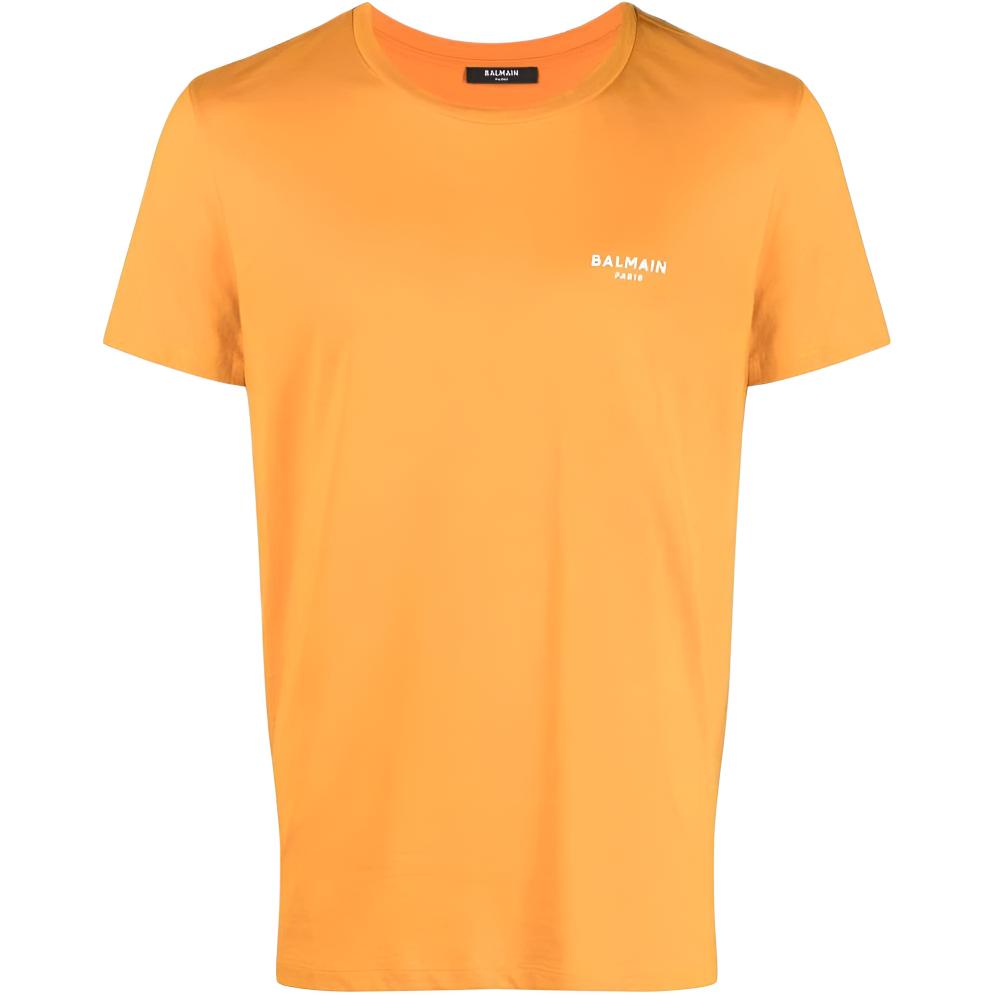 BALMAIN  Orange Crewneck T-Shirt with Small Logo Print. AH1EF000BB04-KBJ