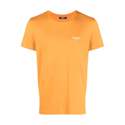 BALMAIN Orange Crewneck T-Shirt with Small Logo Print. AH1EF000BB04-KBJ