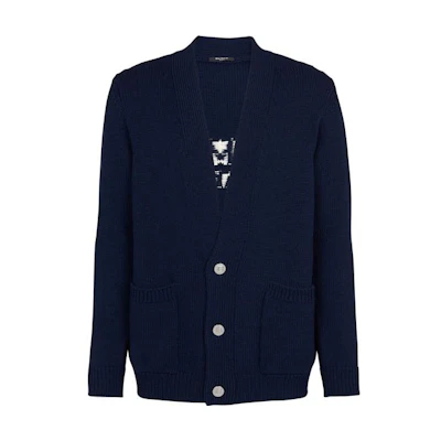 BALMAIN Solid V-Neck Single-Breasted Knit Cardigan Navy Blue. YH0KM000-KC88-SAT