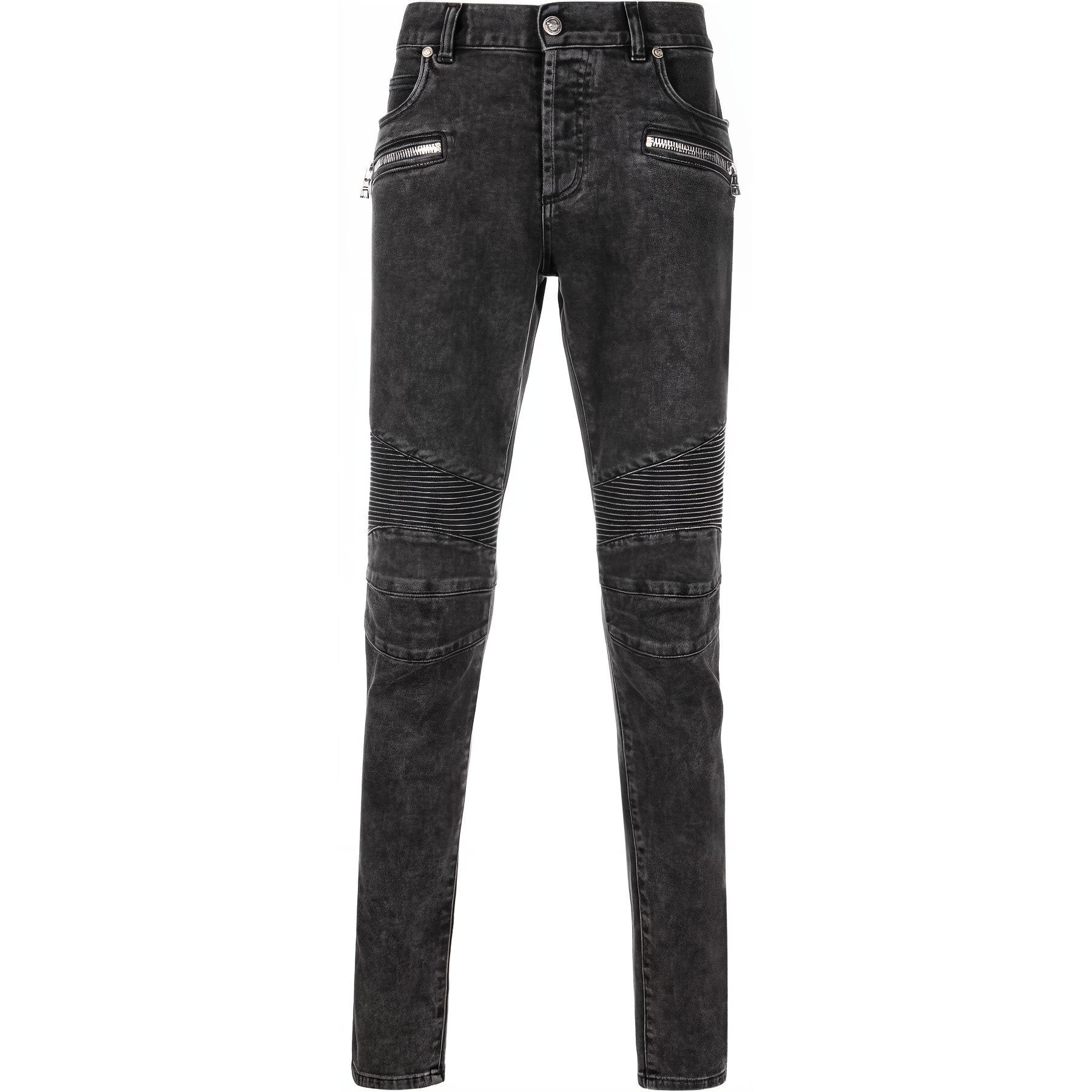 BALMAIN  Washed Black Slim Fit Ribbed Pocket Jeans VH1MG005107D0PA