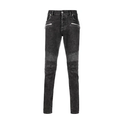 BALMAIN Washed Black Slim Fit Ribbed Pocket Jeans VH1MG005107D0PA