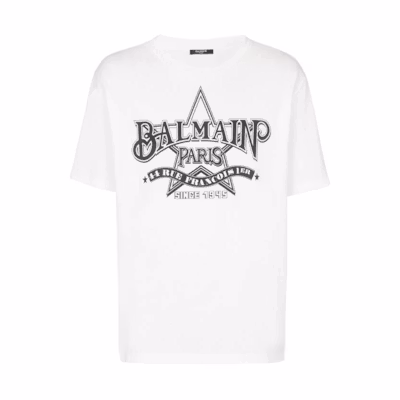 BALMAIN White Letter Crew Neck Slim Fit Short Sleeve T-Shirt. CH1EG000-GD29-GAB