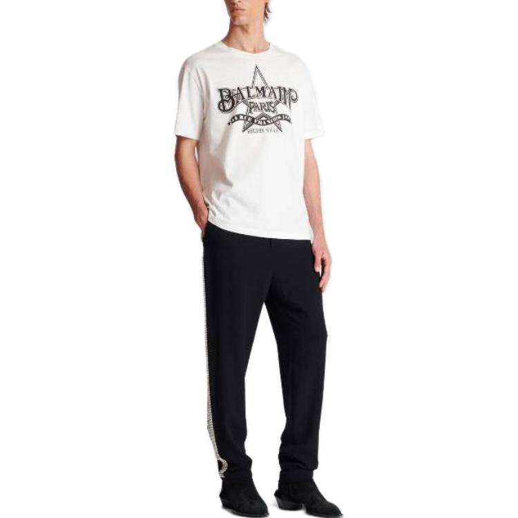 Lookbook BALMAIN Kaos Putih Slim Fit Lengan Pendek Crew Neck dengan Huruf. CH1EG000-GD29-GAB