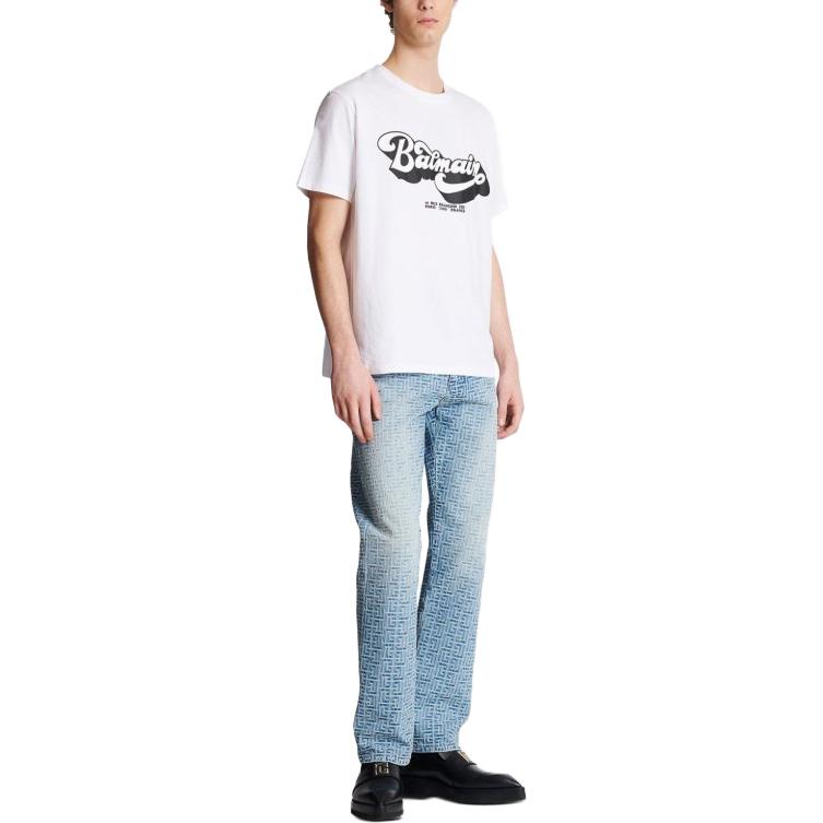 Lookbook 발망 화이트 로고 프린트 크루넥 반팔 티셔츠 BH1EG010-BC44-GAB