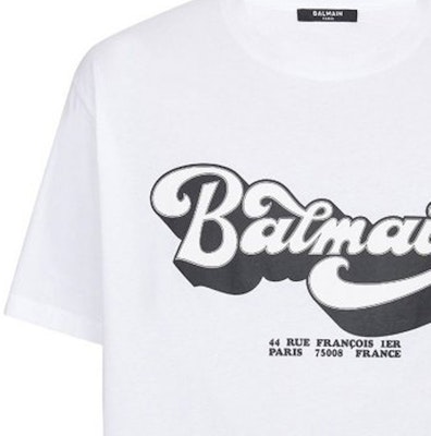 발망 화이트 로고 프린트 크루넥 반팔 티셔츠 BH1EG010-BC44-GAB Sizing 발망 화이트 로고 프린트 크루넥 반팔 티셔츠 BH1EG010-BC44-GAB