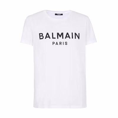 BALMAIN White Logo Print Crewneck Short Sleeve T-Shirt. AH1EG000BB73-GAB