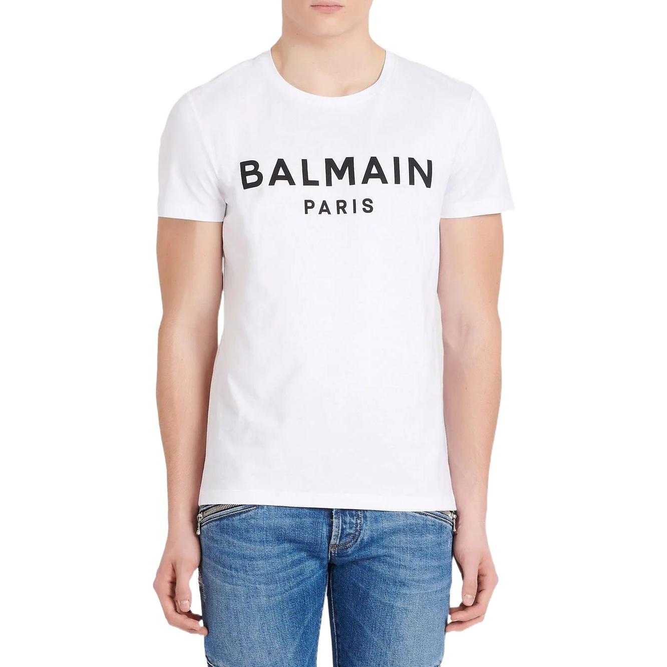 Shop BALMAIN 白色標誌印花圓領短袖T恤 AH1EG000BB73-GAB