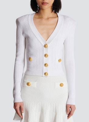 BALMAIN White Slim Fit Long-Sleeve Knit Cardigan with Button Details DF1KL007-KB07-0FA Lookbook BALMAIN White Slim Fit Long-Sleeve Knit Cardigan with Button Details DF1KL007-KB07-0FA