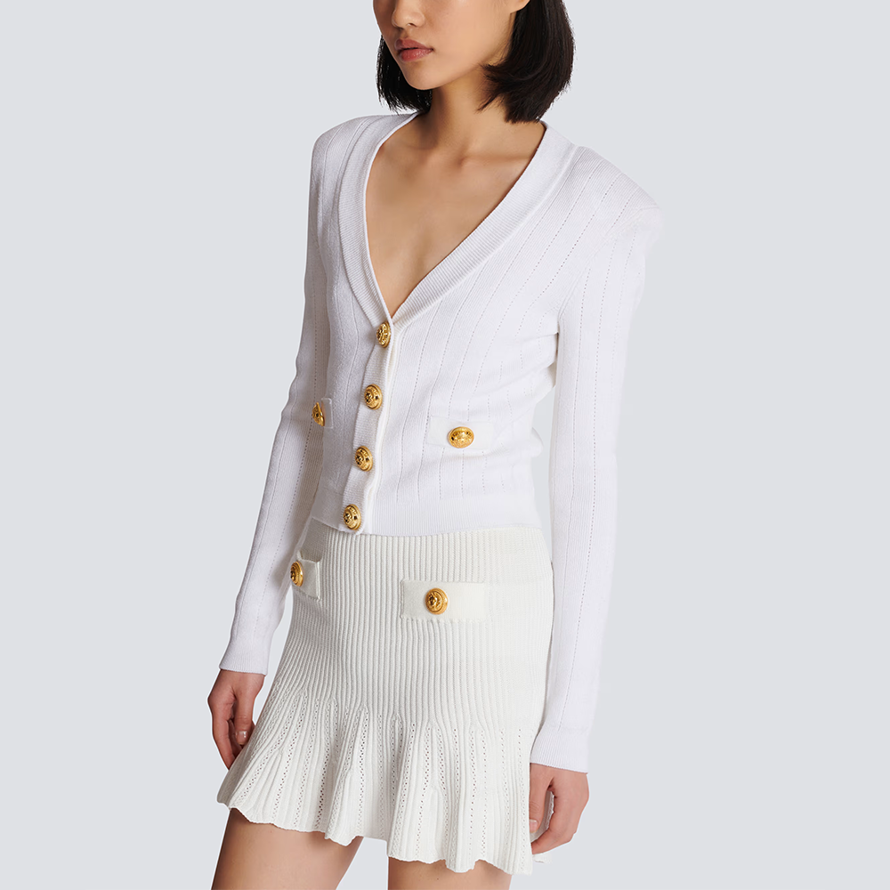 Shop BALMAIN  White Slim Fit Long-Sleeve Knit Cardigan with Button Details DF1KL007-KB07-0FA