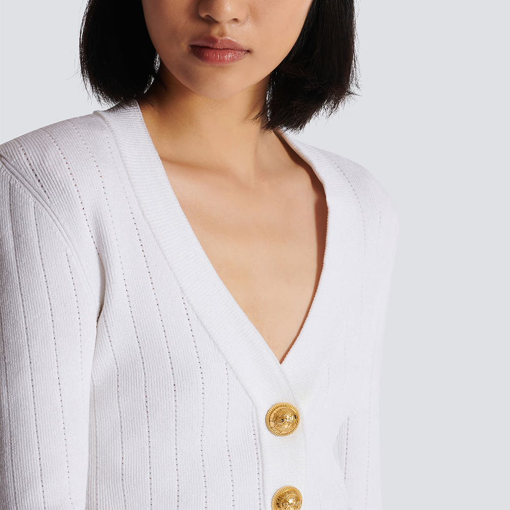 Cheap BALMAIN  White Slim Fit Long-Sleeve Knit Cardigan with Button Details DF1KL007-KB07-0FA