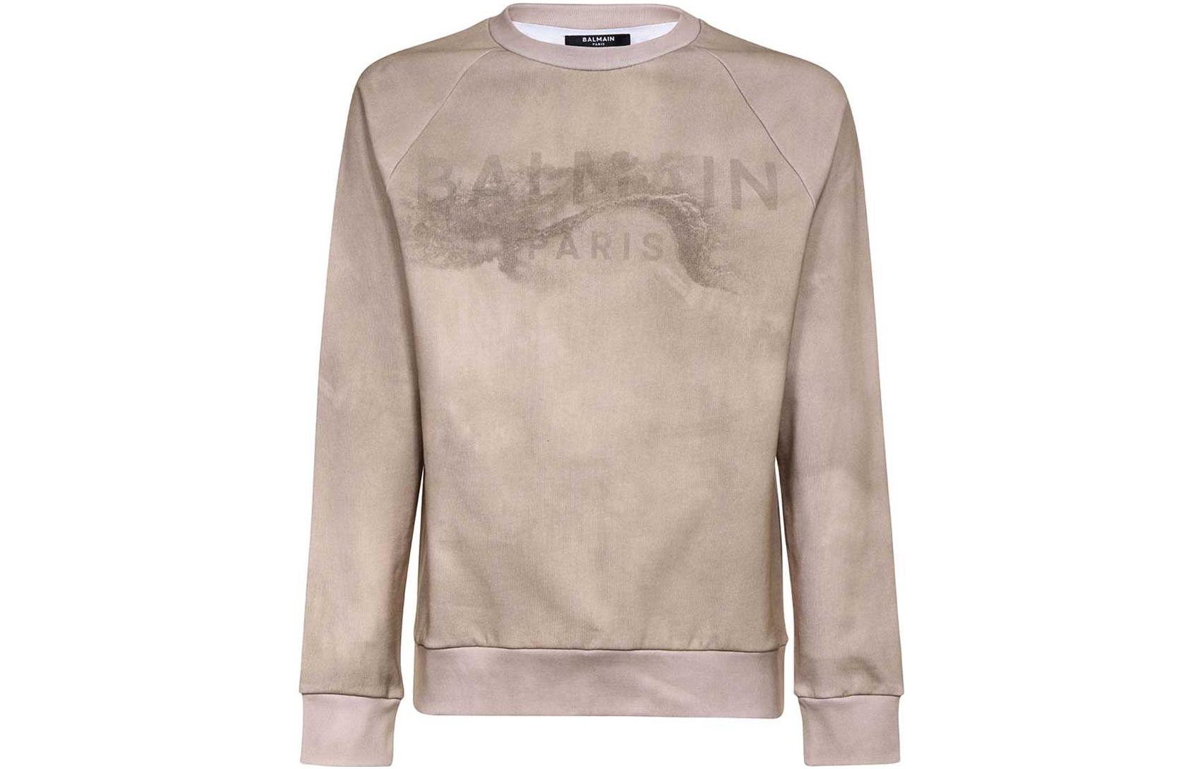 Balmain Beige Crewneck Sweatshirt with Letter Print Long Sleeves AH1JS004-GC61-WDV