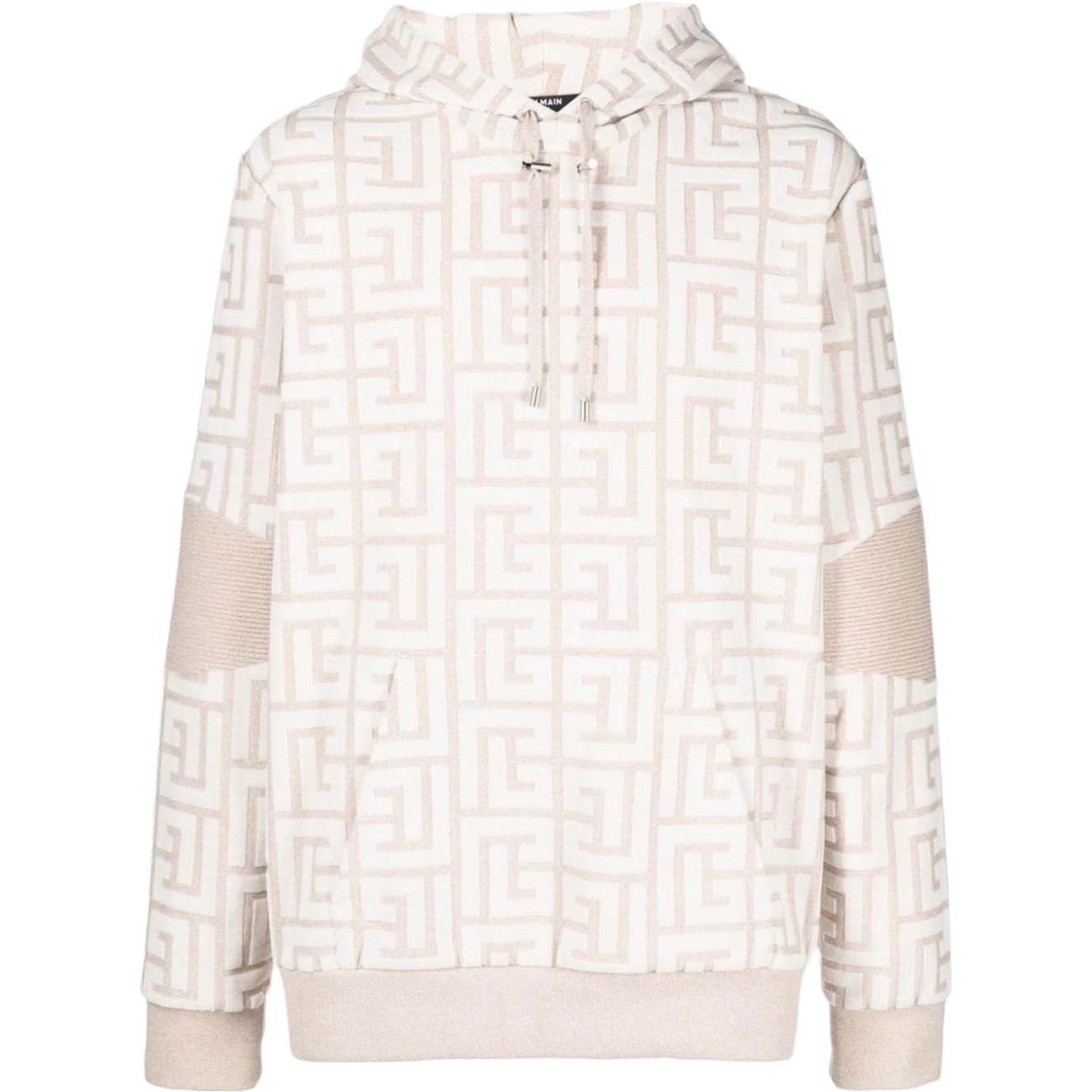 Balmain Beige Hooded Drawstring Pullover Sweatshirt AH0JT166JG27-GOO