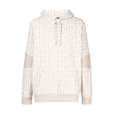 Balmain Beige Hooded Drawstring Pullover Sweatshirt AH0JT166JG27-GOO