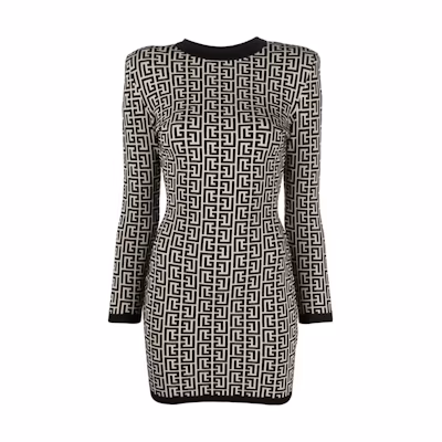 BALMAIN Black All-Over Print Slim Fit Long Sleeve Short Dress BF1R8072-KB02-GFE