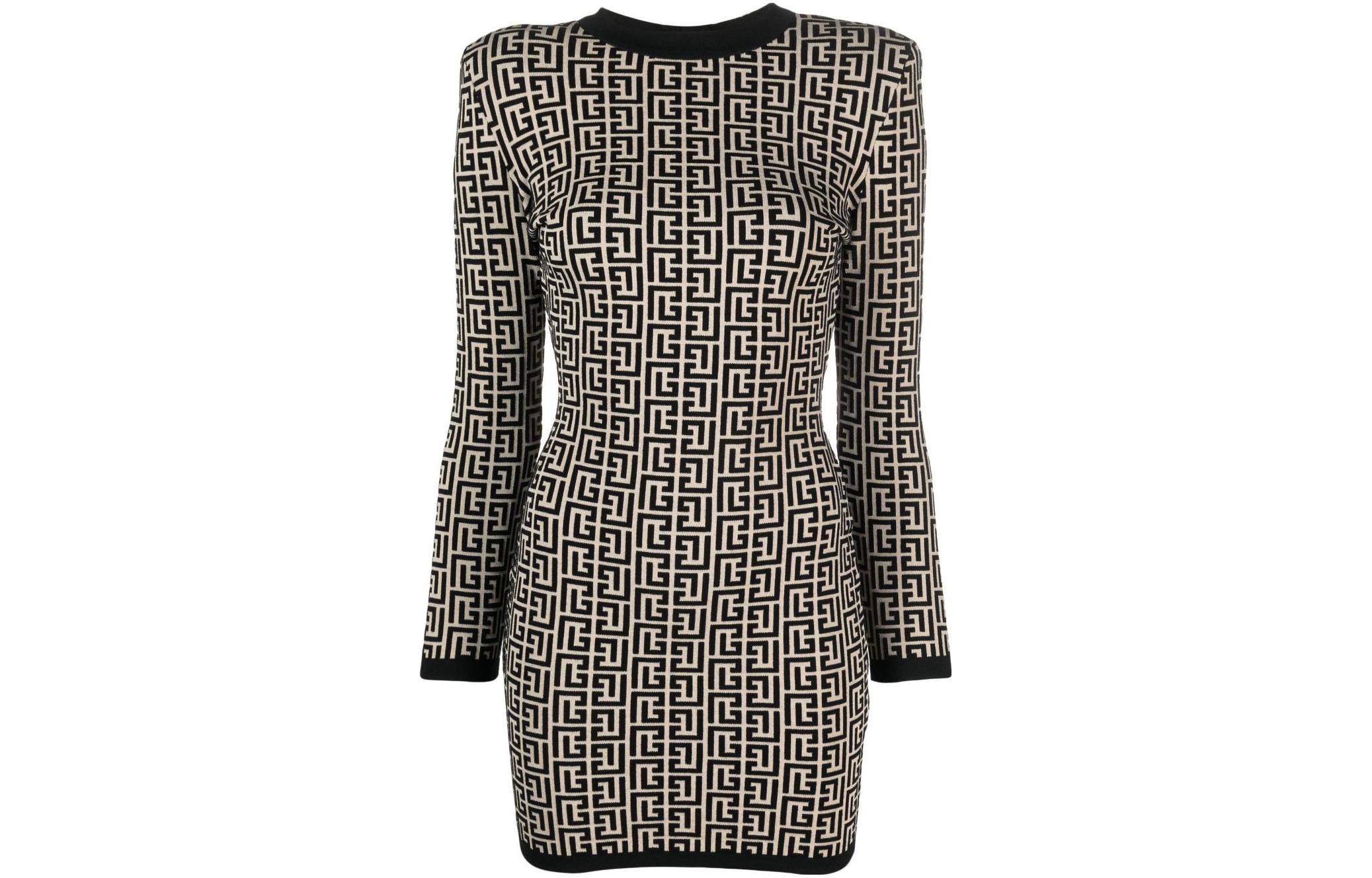 Order 巴尔曼 黑色全印花修身长袖短裙 BF1R8072-KB02-GFE