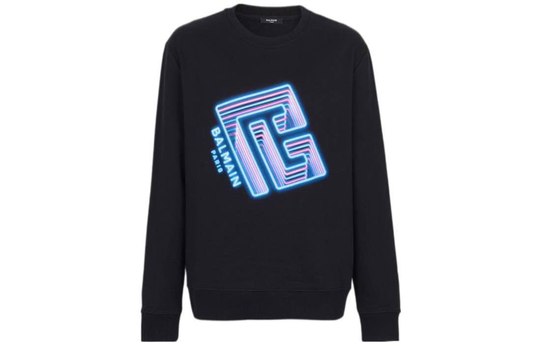Balmain Black Crewneck Cotton Sweatshirt with Neon Logo Print BH4JS100-GD13-EIY