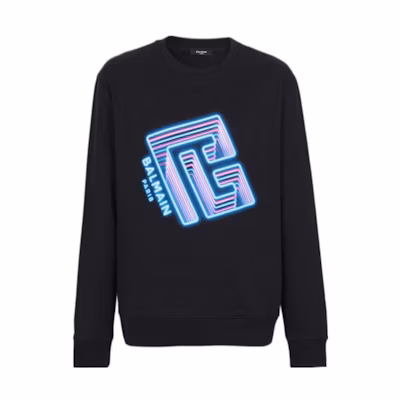 Balmain Black Crewneck Cotton Sweatshirt with Neon Logo Print BH4JS100-GD13-EIY