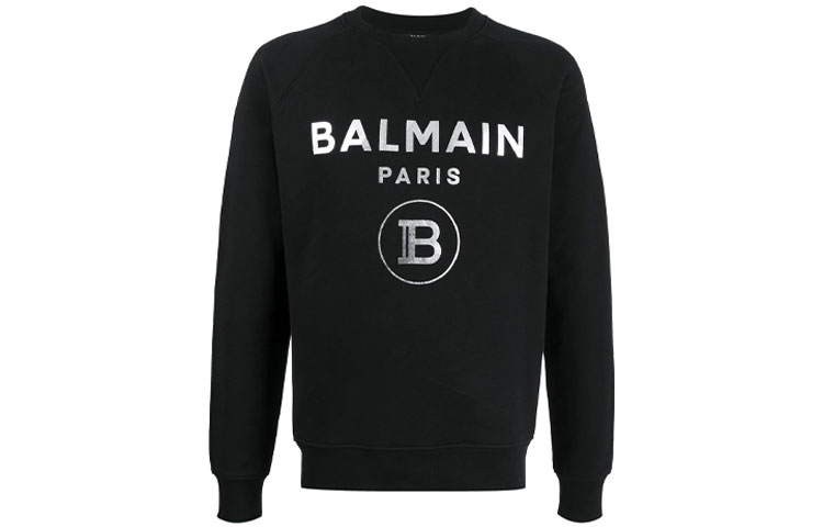 Balmain Black Crewneck Pullover Sweatshirt with Logo Print TH03279J078-0PA