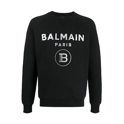 Balmain Black Crewneck Pullover Sweatshirt with Logo Print TH03279J078-0PA