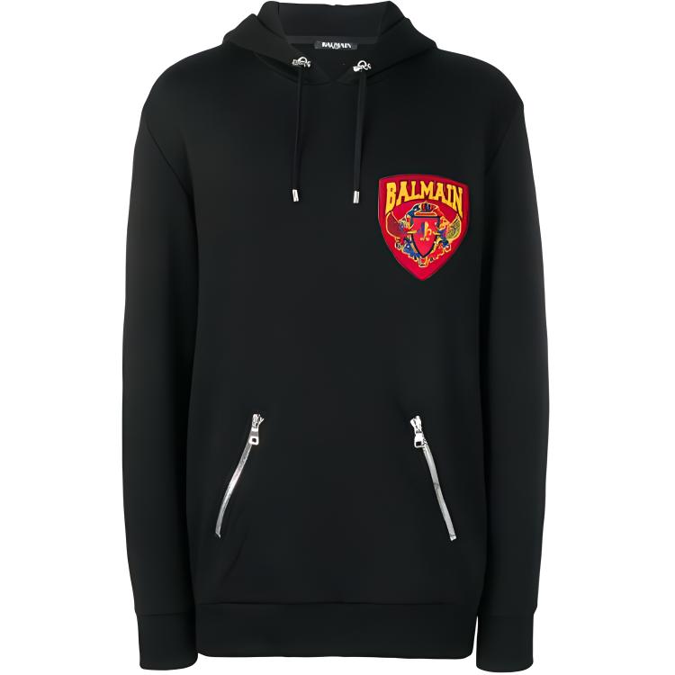 Balmain Black Drawstring Hoodie with Logo Patch - 90% Polyester RH03209-J928-0PA