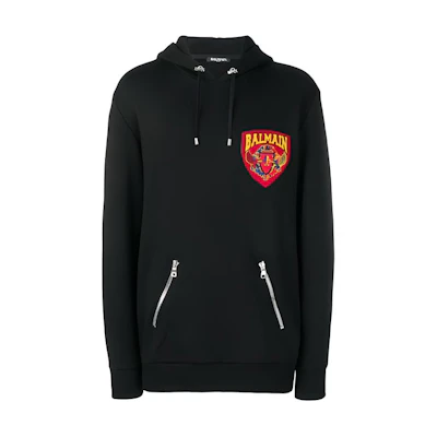 Balmain Black Drawstring Hoodie with Logo Patch - 90% Polyester RH03209-J928-0PA
