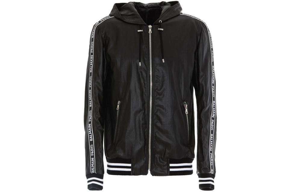 Balmain Black Full-Zip Hoodie Jacket with Letter Stripes TH08705X070-EAB