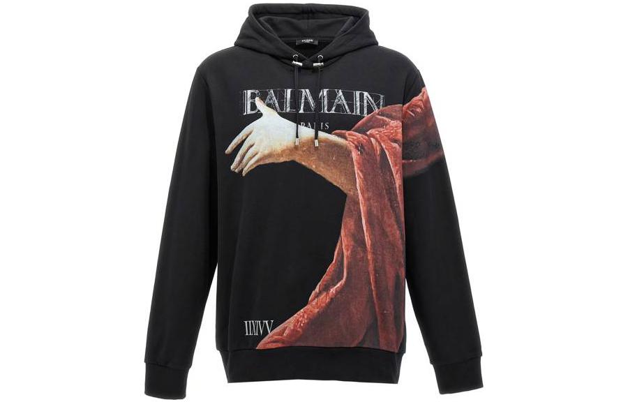 Balmain Black Letter Print Drawstring Pullover Hoodie AH0JT046GC79-EGQ