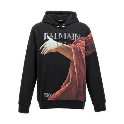 Balmain Black Letter Print Drawstring Pullover Hoodie AH0JT046GC79-EGQ