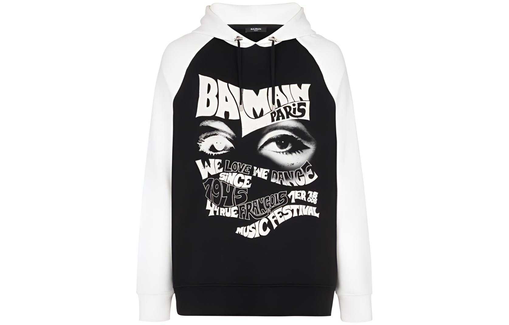Balmain Black Logo Print Drawstring Hoodie BH1JT180-GD12-EEI