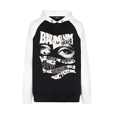Balmain Black Logo Print Drawstring Hoodie BH1JT180-GD12-EEI