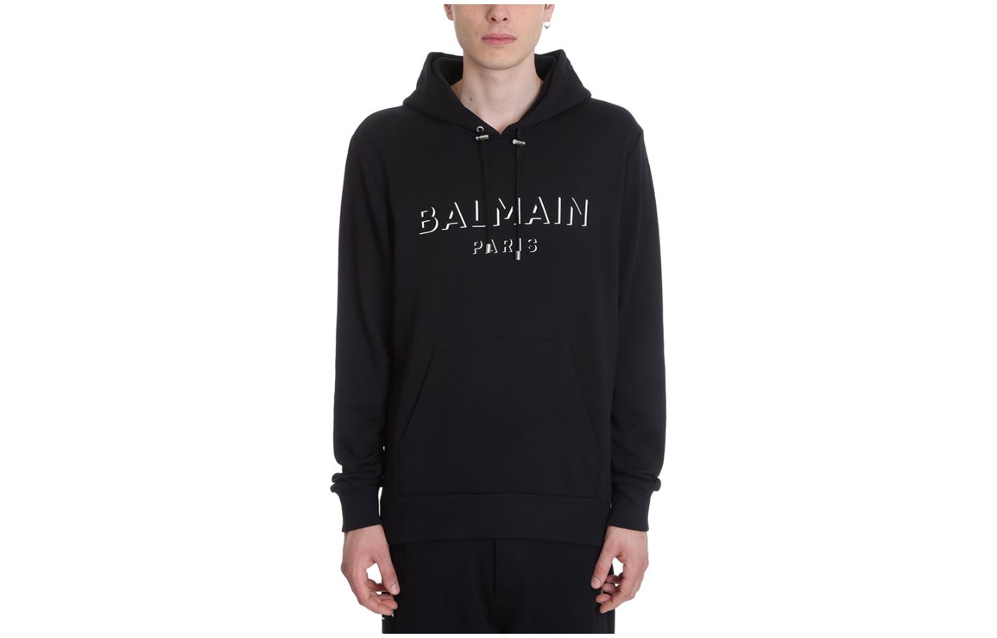Balmain Black Logo Print Hoodie Long Sleeve UH13642I364-0PA