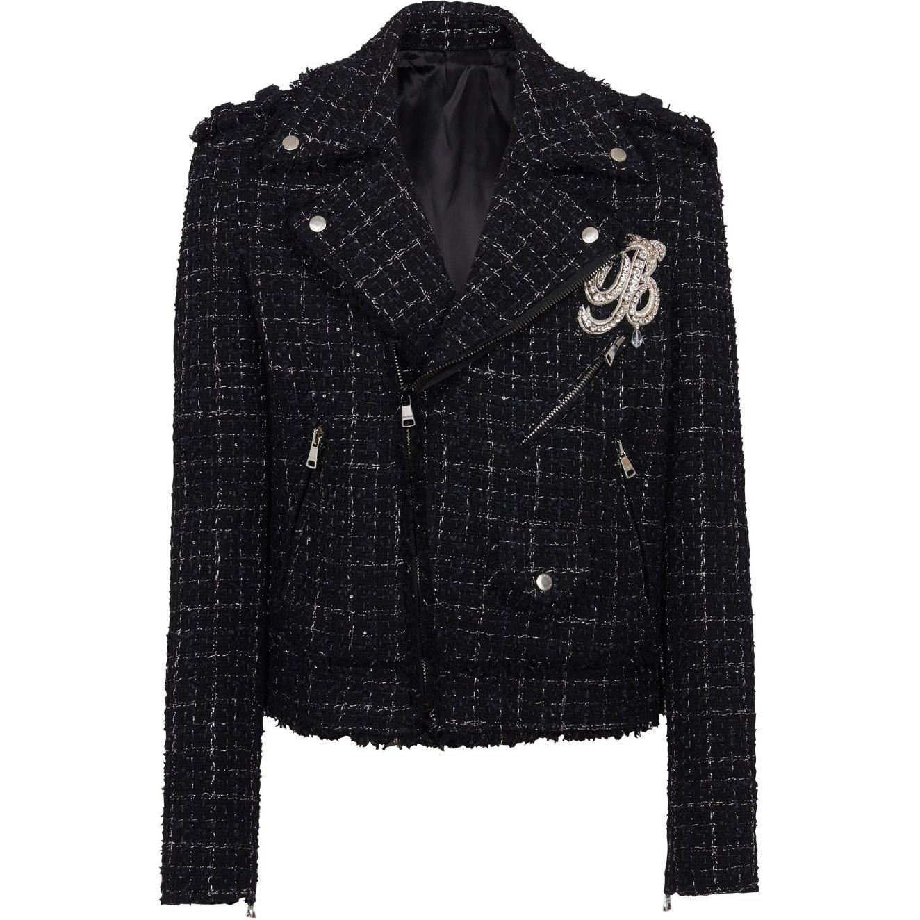 Balmain Black Plaid Zipper Short Jacket with Lapel DH1TD511-14CF-EHV