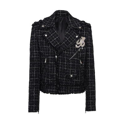 Balmain Black Plaid Zipper Short Jacket with Lapel DH1TD511-14CF-EHV