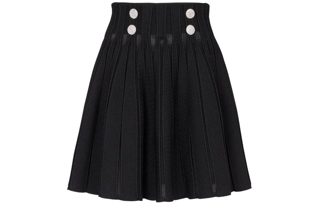BALMAIN Black Ribbed Knit Pleated A-line Casual Skirt. BF0LB927KF13-0PA