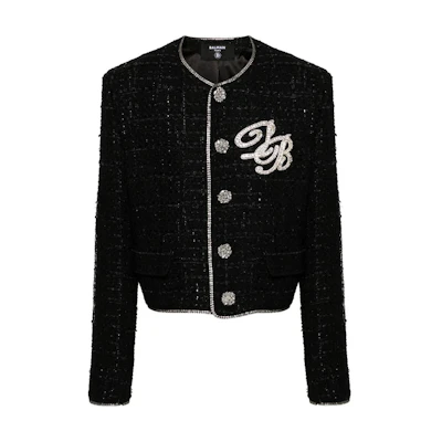 Balmain Black Tweed Jacket with Logo Patch and Single-Breasted Design CH0SM236-94CE-BLACK