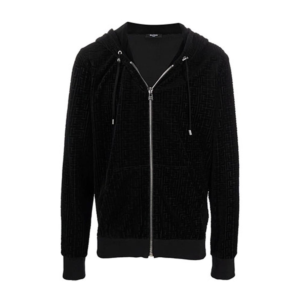 Balmain Black Velvet Zip-Up Hoodie Jacket WH1JX000B090-0PA