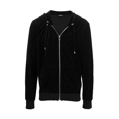 Balmain Black Velvet Zip-Up Hoodie Jacket WH1JX000B090-0PA