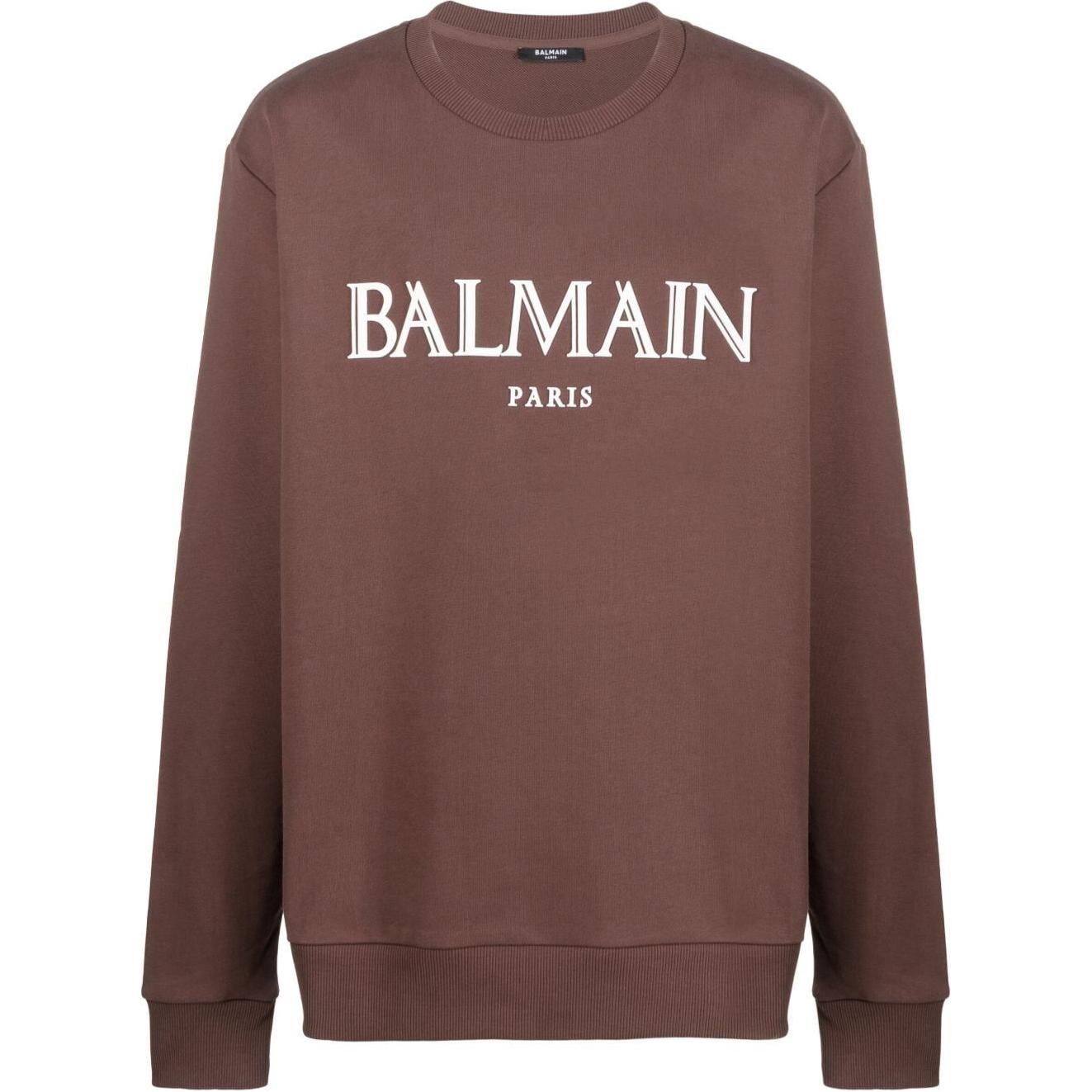 Balmain Brown Crewneck Sweatshirt with Letter Logo Print AH0JS001BC27-WCV